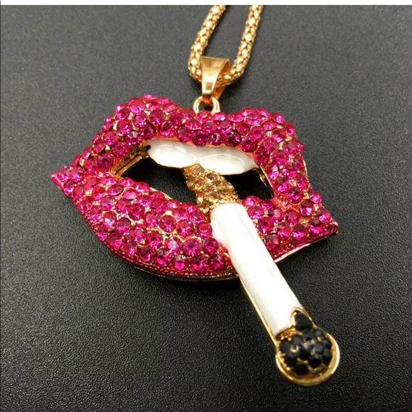 Betsey Johnson Jewelry - Cigarettes rhinestone pink lip sweater necklace